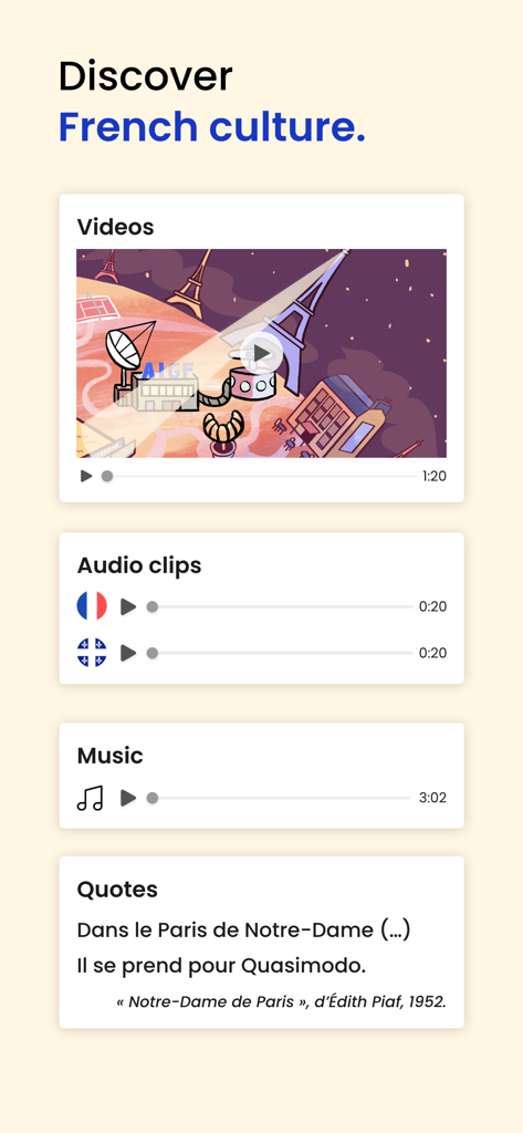 Frantastique - Interfaz de la aplicación Frantastique que muestra contenido multimedia como videos, clips de audio y música para aprender la cultura francesa.