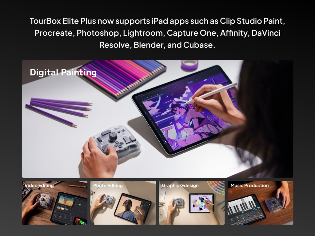 TourBox Console - Un collage montrant le contrôleur TourBox Elite Plus utilisé avec un iPad pour la peinture numérique, le montage vidéo, la retouche photo, la conception graphique et la production musicale.