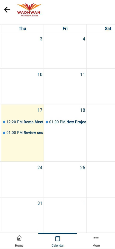 Wadhwani Skilling - スケジュールされた専門会議と学習セッションが表示されているWadhwani Skillingアプリ内のカレンダービュー。