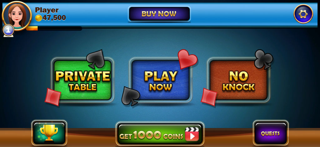 Tonk classic Tunk card game - Menu principal du jeu de cartes Tonk Classic Tunk présentant les boutons Play Now (Jouer maintenant), Private Table (Table privée) et No Knock.