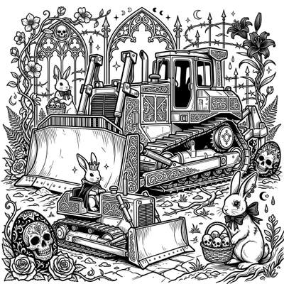 Discover a truly unique coloring experience with our Gothic Easter Bulldozer design. This intricate page blends powerful machinery with whimsical bunnies and dark, elegant Easter details, perfect for a creative escape.