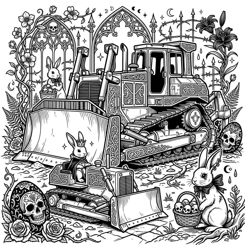 Discover a truly unique coloring experience with our Gothic Easter Bulldozer design. This intricate page blends powerful machinery with whimsical bunnies and dark, elegant Easter details, perfect for a creative escape.