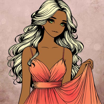 realistic girl in flowy silky prom dress