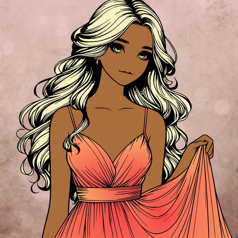 realistic girl in flowy silky prom dress