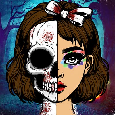 realistic girl with half skull mask