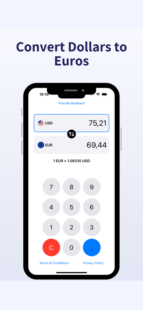 Euro to Dollar Converter - Interfaccia dell'app Convertitore Euro Dollaro che mostra una conversione di 75,21 USD in 69,44 EUR su uno schermo di smartphone.