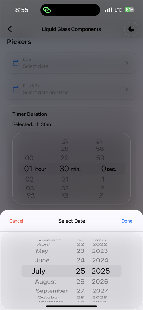 Captura de tela dos componentes de seleção de data e hora com design glassmorphism no app Flutter Liquid Glass Kit