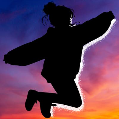 realistic girl jumping with a bun and oversized sweatshirt