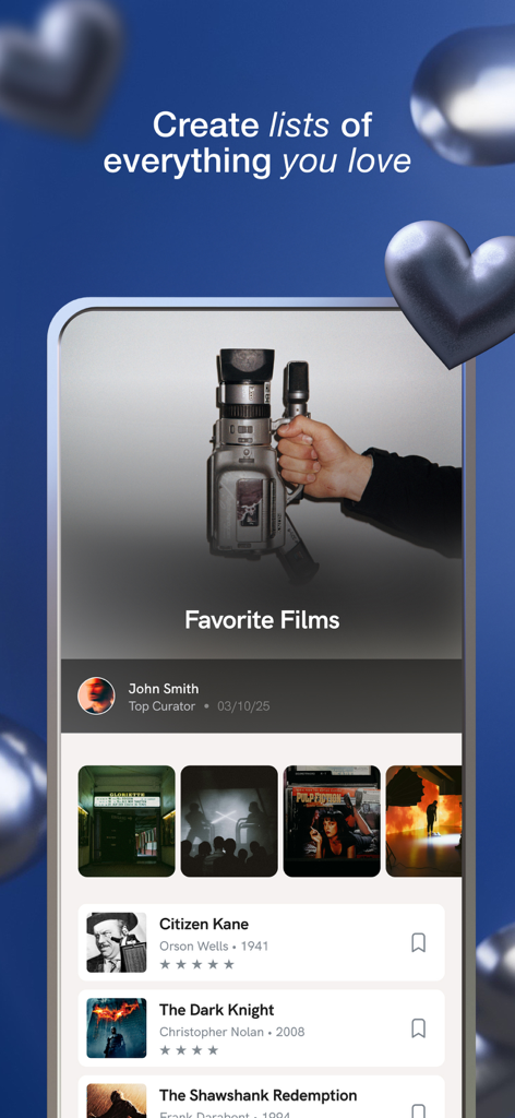 Hypelist app interface showing a curated list of favorite movies including Citizen Kane and The Dark Knight