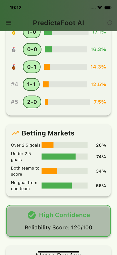 PredictaFootIA - PredictaFoot AI app interface showing match score probabilities and betting market analytics with a high confidence reliability score.