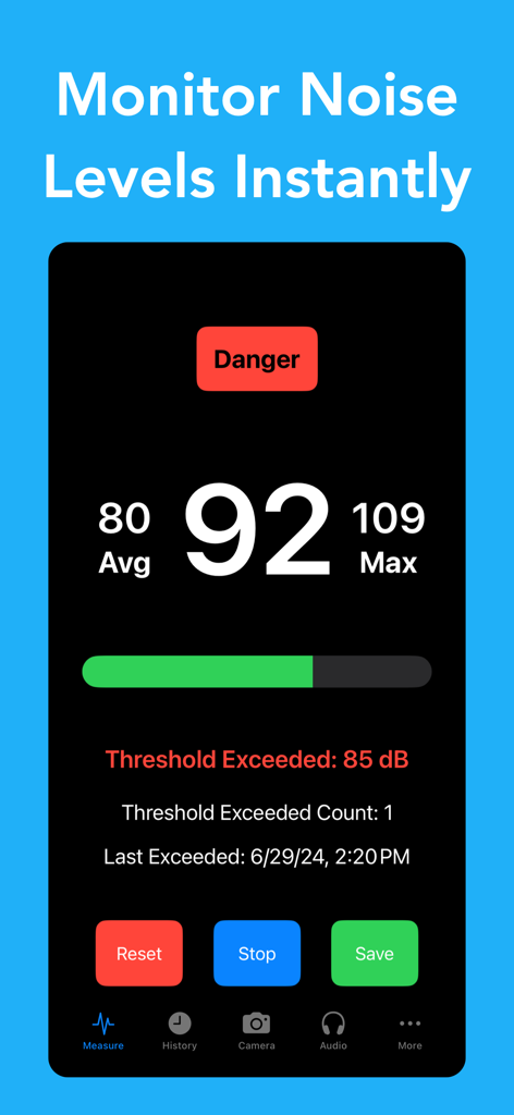 Decibel Shieldアプリのインターフェース。騒音レベル92デシベルと危険警告を表示しています。