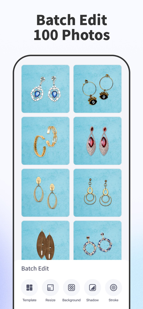 AI Background - Pokecut Studio - The batch edit screen of the Pokecut app showing multiple jewelry products with a consistent blue background