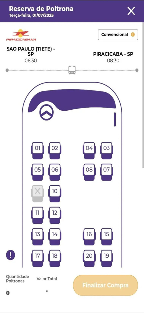 Mobifácil Oficial - Pantalla de selección de asientos de autobús de la aplicación Mobifácil para elegir un asiento en una ruta entre São Paulo y Piracicaba