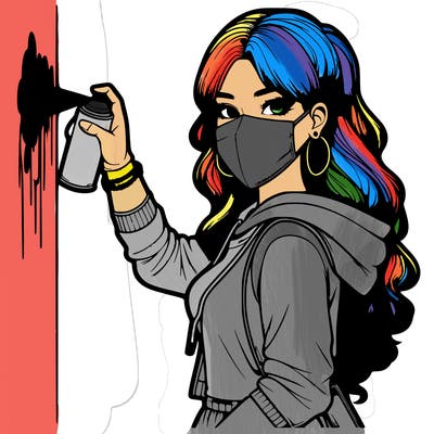 realistic girl with mask spray painting a wall