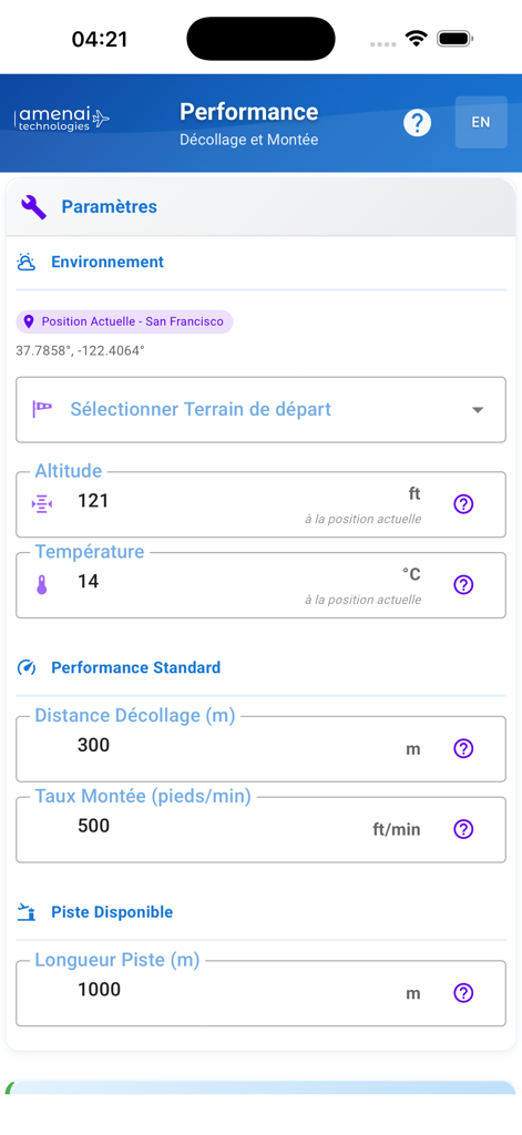 Settings screen of Aircraft Perf Calculator showing altitude temperature and performance data