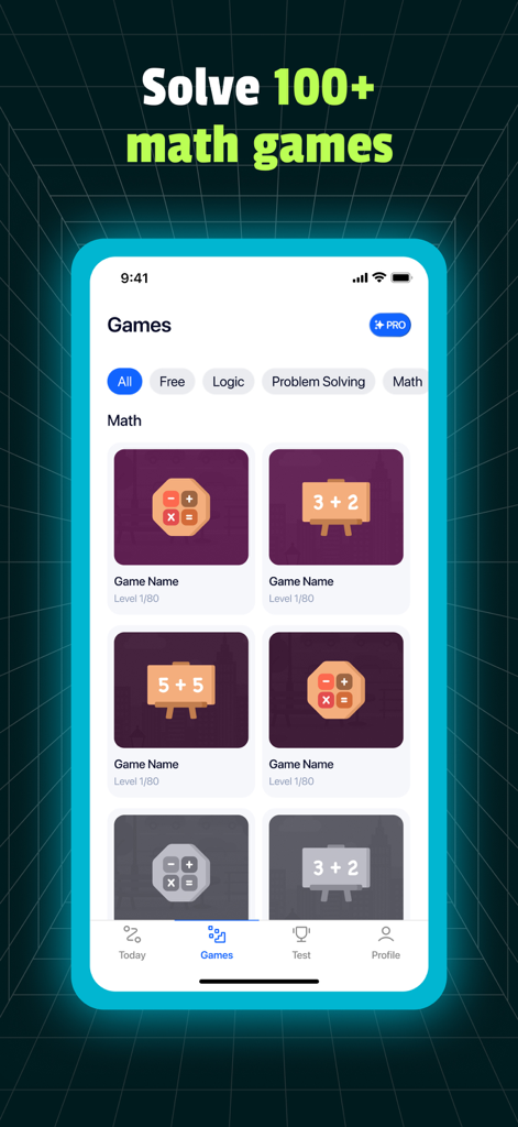 IQ Booster: Brain Games & Test - A menu screen of the IQ Booster app showing various math games for cognitive training