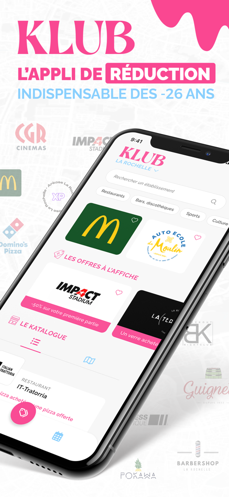 Klub App - Smartphone screen showing the Klub app featuring local business discounts for people under twenty six years old.