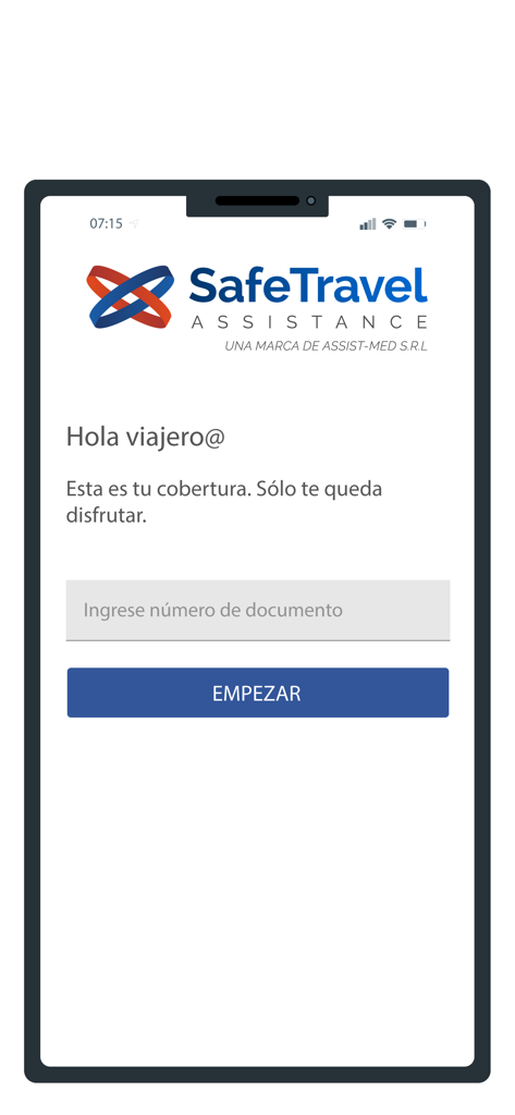 Safe Travel Assistance - 문서 번호를 입력하는 필드와 시작 버튼이 있는 안전 여행 지원 앱 로그인 화면.