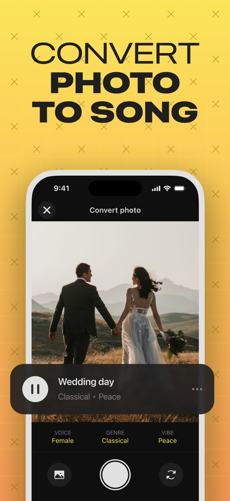 Bildschirm der mobilen App KI-Song-Maker, der zeigt, wie ein Hochzeitsfoto mit einer Friedensstimmung in ein klassisches Lied umgewandelt wird.