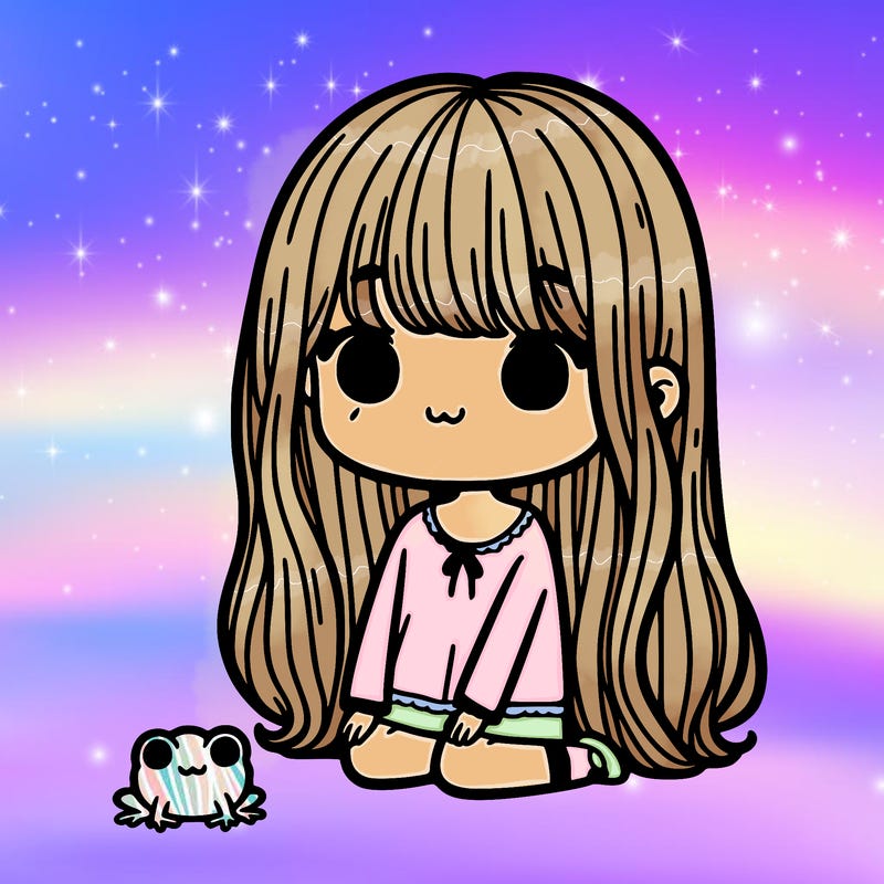 girl with long hair bangs and tiny frog