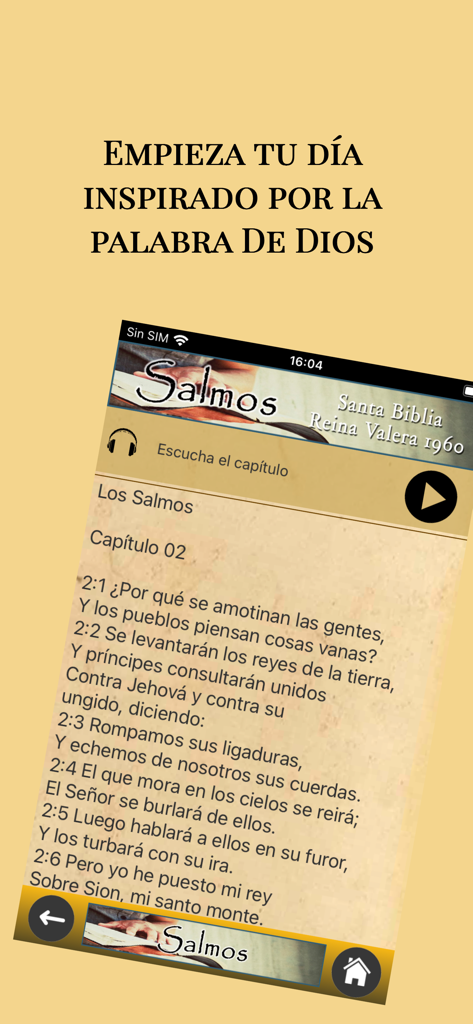 Salmos Bíblicos - Una pantalla móvil que muestra un salmo bíblico en español con un botón de reproducción de audio de la app Salmos Bíblicos