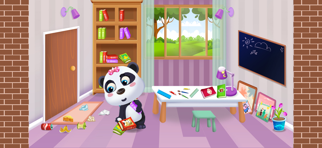 Cleanup Home: Cleaning Games - Cute panda character cleaning up a messy bedroom filled with scattered trash and books