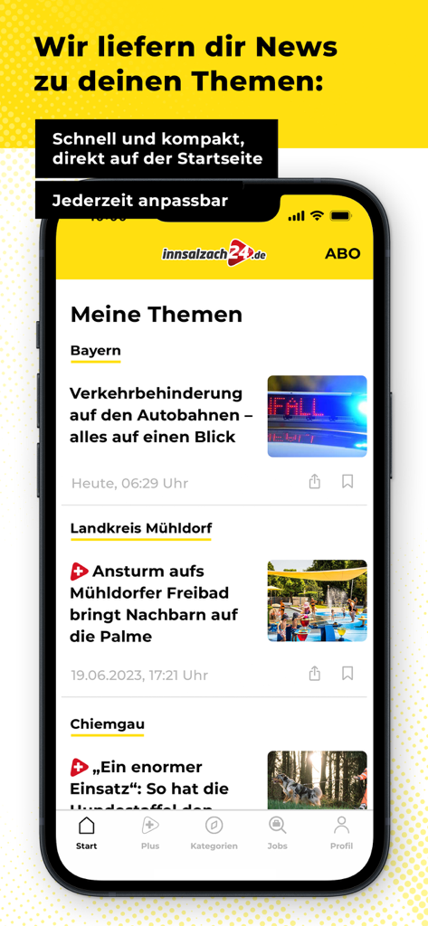 Innsalzach24 mobile app displaying local news categories like Bavaria and Muehldorf in a personalized feed