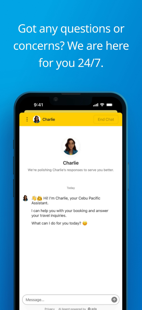 세부퍼시픽 모바일 앱 인터페이스, AI 도우미 Charlie가 있는 24/7 고객 지원 채팅 표시