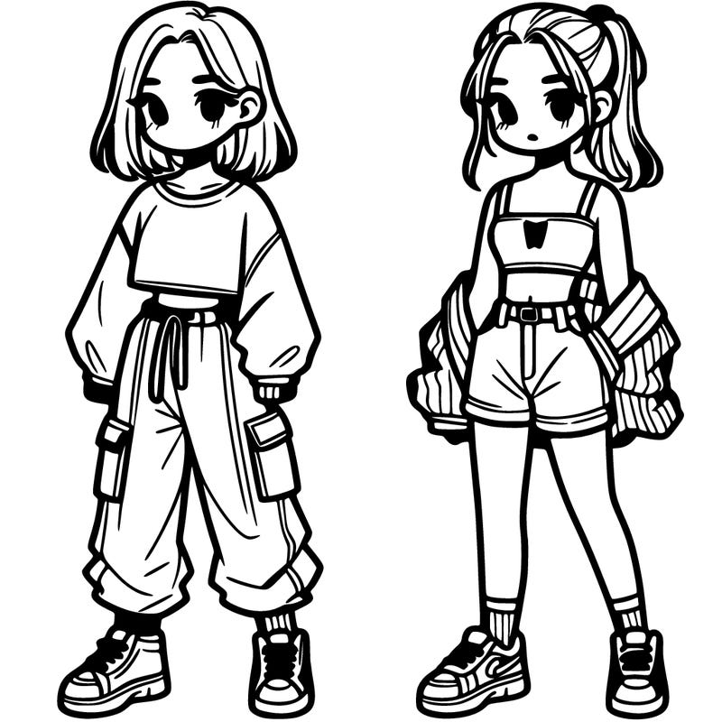 a girl with baggy shirt cargo pants and a girl wearing a crop top with shorts.