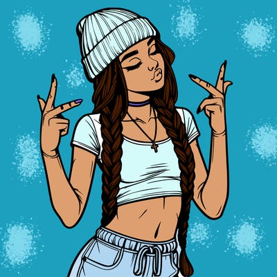 realistic teenage girl with braids and a beanie and crop top doing 🫶🏼