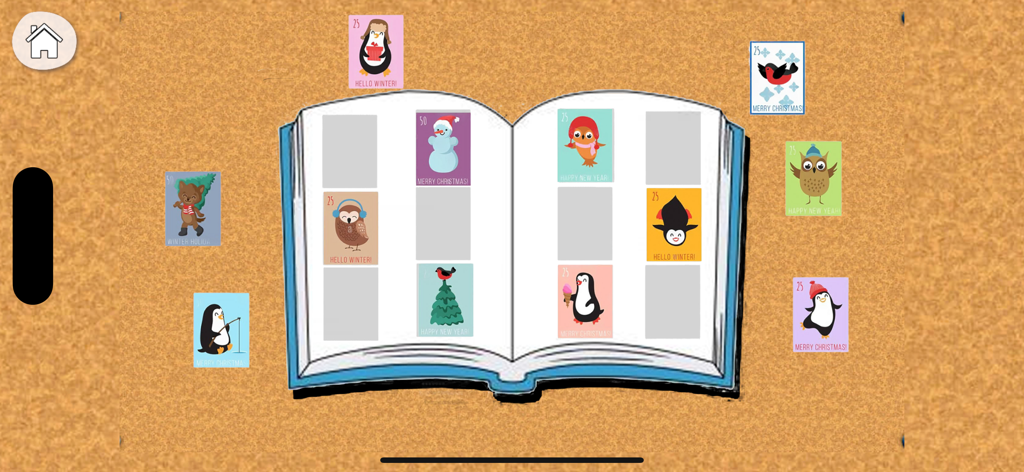 Organizando pegatinas de animales de invierno en un libro de recortes digital