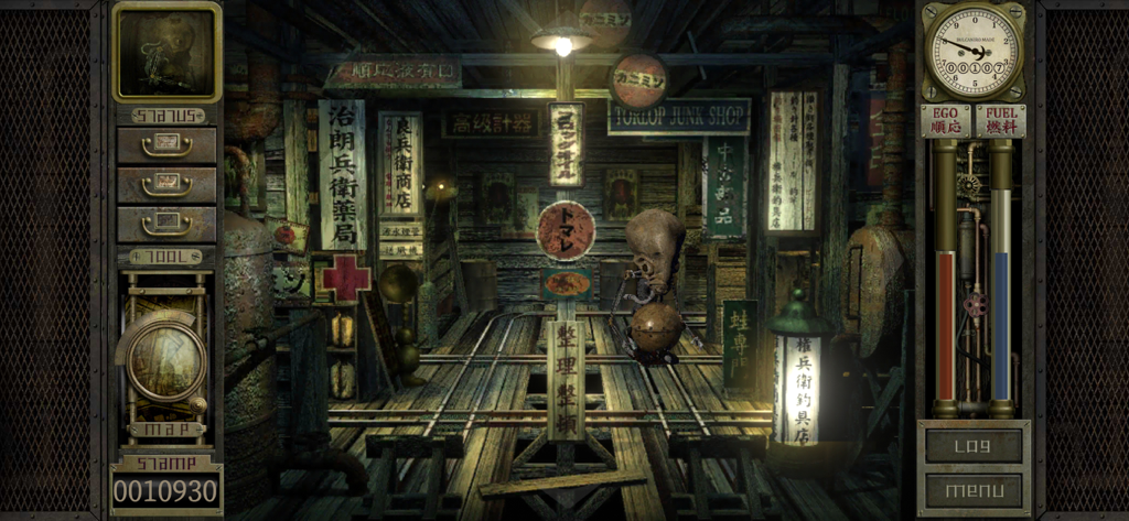 Garage: Bad Dream Adventure - A biological machine character standing in a dark rusted industrial environment with Japanese signs in Garage Bad Dream Adventure.