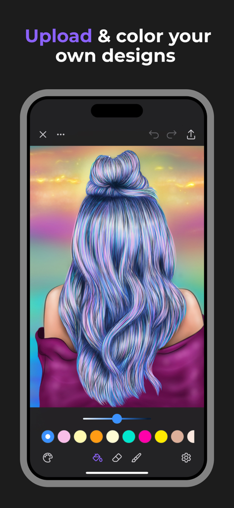 A woman with flowing purple hair being colored in the Pigment app interface.