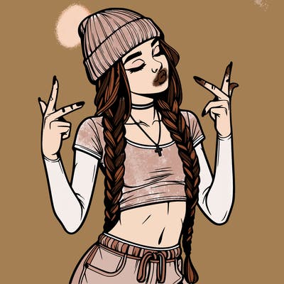 realistic teenage girl with braids and a beanie and crop top doing 🫶🏼