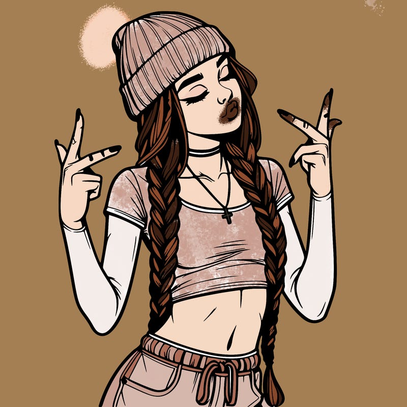 realistic teenage girl with braids and a beanie and crop top doing 🫶🏼