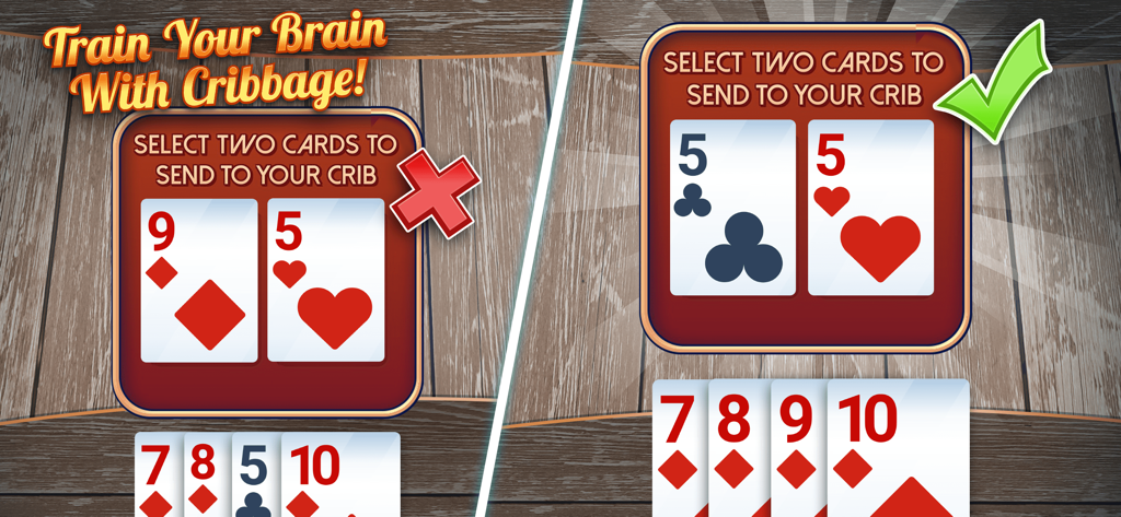 Gameplay screenshot of Ultimate Cribbage showing a comparison of card selection strategies for brain training