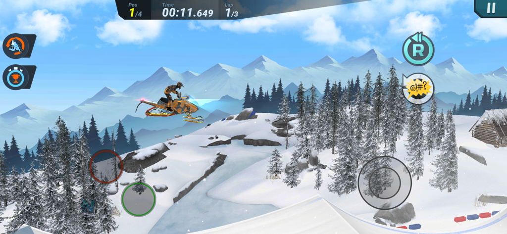 Mad Skills Snocross - Piloto de motoneve saltando no ar sobre montanhas nevadas no jogo para celular Mad Skills Snocross