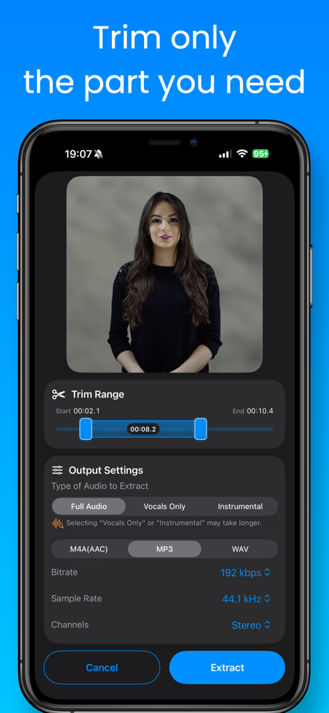 Video to MP3 & Vocal Remover - Smartphone screen showing the trim range and output settings for extracting audio or removing vocals from a video