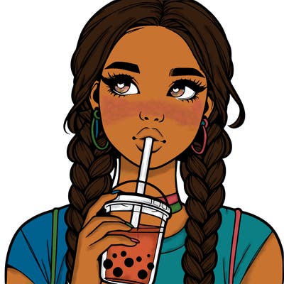 realistic girl with braided hair drinking boba