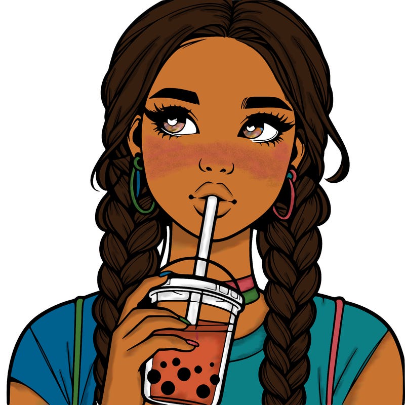 realistic girl with braided hair drinking boba