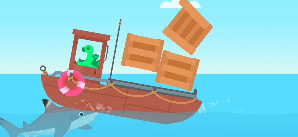 A green dinosaur character steering a boat in the ocean with a shark swimming underneath and wooden crates falling