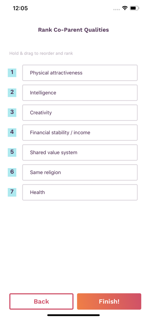 Interfaccia dell'app Modamily per classificare le qualità di co-genitorialità come l'intelligenza e la stabilità finanziaria