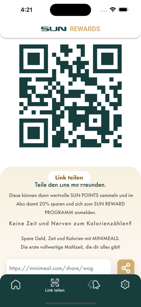SUN APP (REWARDS) - SUN REWARDS app screen showing a QR code and referral link to share with friends for discounts on healthy MINIMEALS.
