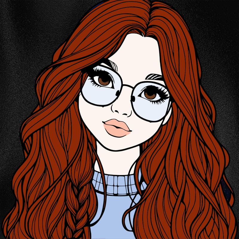 girl with long hair and freckles and glasses realistic