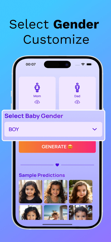 Baby Generator See Future Face - Interface of the Baby Generator app showing options to upload parent photos and select the gender for the future baby prediction