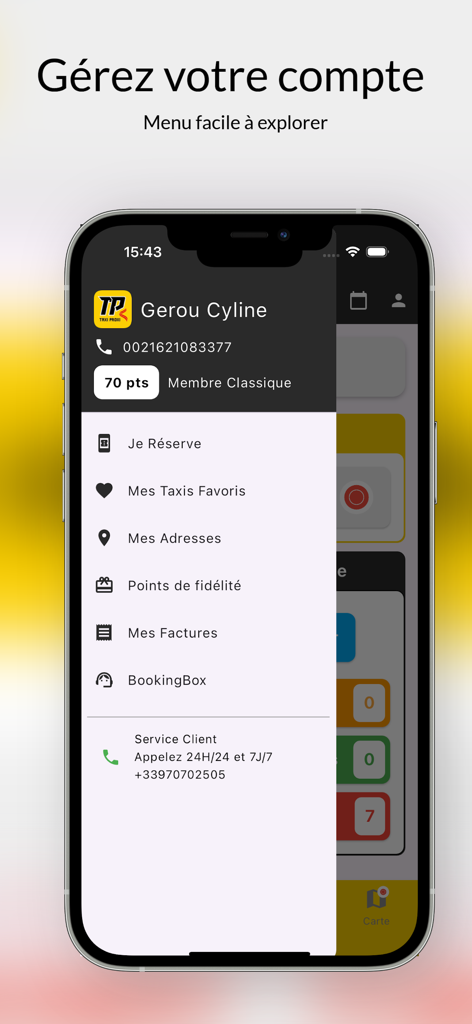 Taxi Proxi : Commander course - Taxi Proxi app interface showing the account management menu with options for bookings, favorite taxis, and loyalty points.