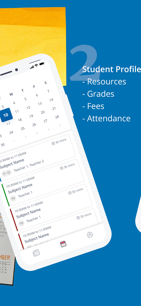 Classcard Student - Classcard 학생 앱의 모바일 화면이 주간 수업 일정과 성적 및 출석을 포함한 학생 프로필 옵션을 표시합니다.
