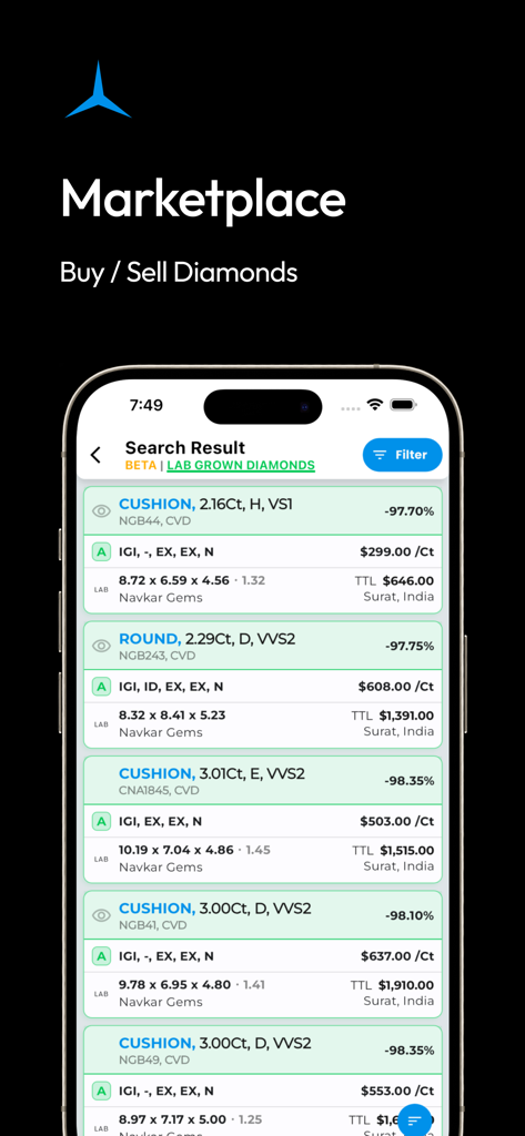 DRC - Diamond Rate Calc - DRC app marketplace search results for lab grown diamonds with price details