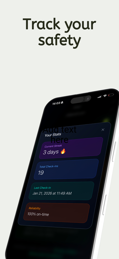 Are You Dead or Alive?! - A smartphone screen displaying user safety statistics including daily check-in streaks and reliability data