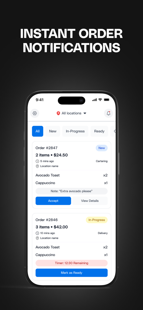 Per Diem (Merchant) - Interface of Per Diem Merchant app showing real-time food order notifications and management.